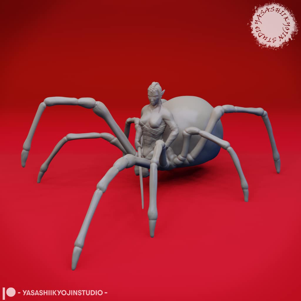 “Drider resin miniature by Yasashii Kyojin Studio, showing a drow upper body fused with a spider abdomen posed on eight legs against a red background.”
