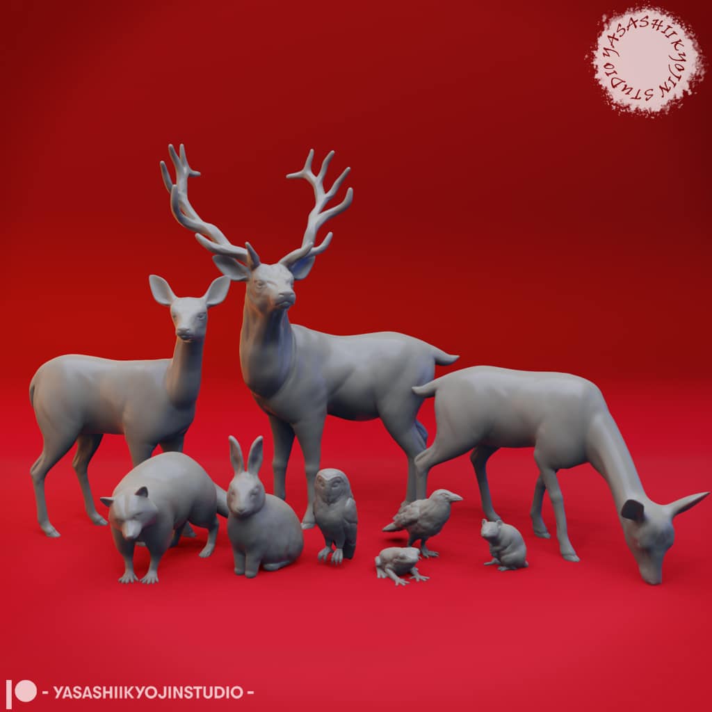 “Enchanted Fantasy Animals Resin Miniature set featuring unicorn, stag, deer, rabbit, owl, crow, raccoon, and more by Yasashii Kyojin Studio.”
