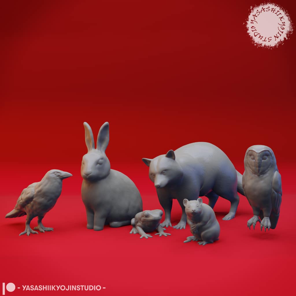 “Enchanted Fantasy Animals Resin Miniature set featuring unicorn, stag, deer, rabbit, owl, crow, raccoon, and more by Yasashii Kyojin Studio.”