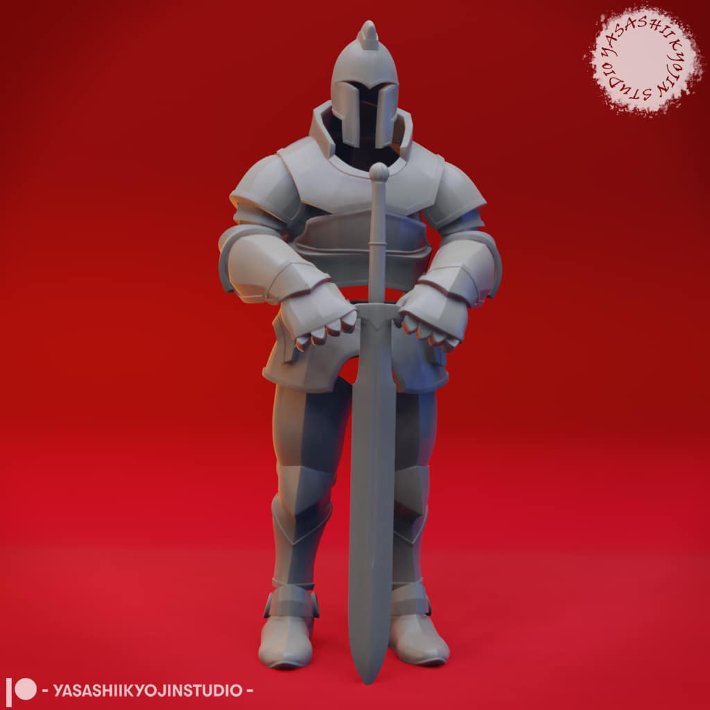 “Animated Armor Knight resin miniature in an advancing combat pose, designed with Yasashii Kyojin Studio, shown in gray resin against a red background.”