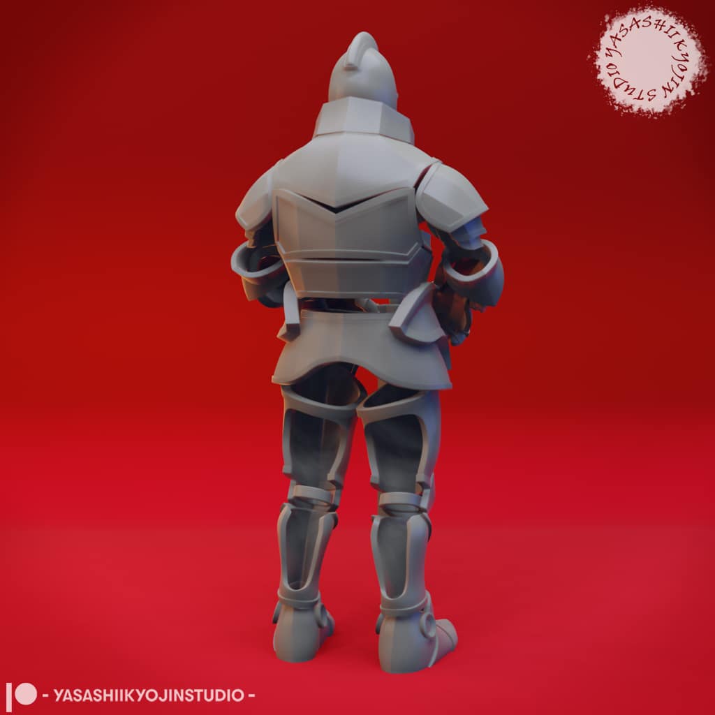 “Animated Armor Knight resin miniature in an advancing combat pose, designed with Yasashii Kyojin Studio, shown in gray resin against a red background.”