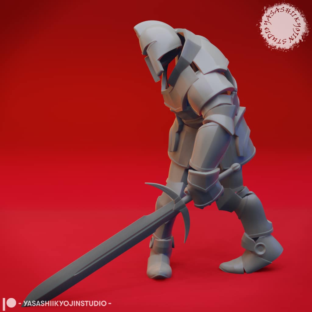 “Animated Armor Knight resin miniature in an advancing combat pose, designed with Yasashii Kyojin Studio, shown in gray resin against a red background.”