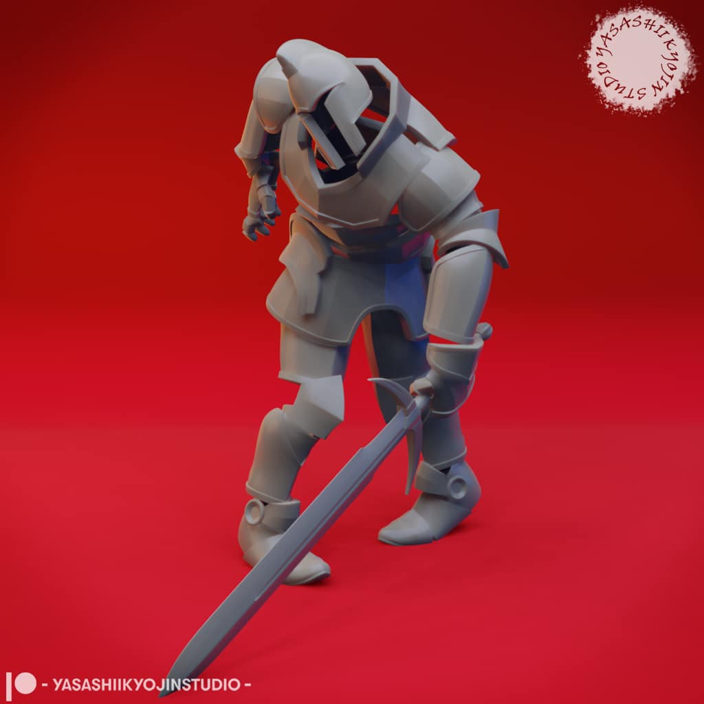“Animated Armor Knight resin miniature in an advancing combat pose, designed with Yasashii Kyojin Studio, shown in gray resin against a red background.”