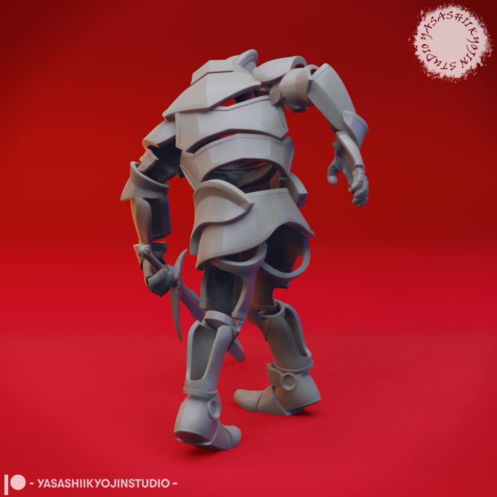 “Animated Armor Knight resin miniature in an advancing combat pose, designed with Yasashii Kyojin Studio, shown in gray resin against a red background.”