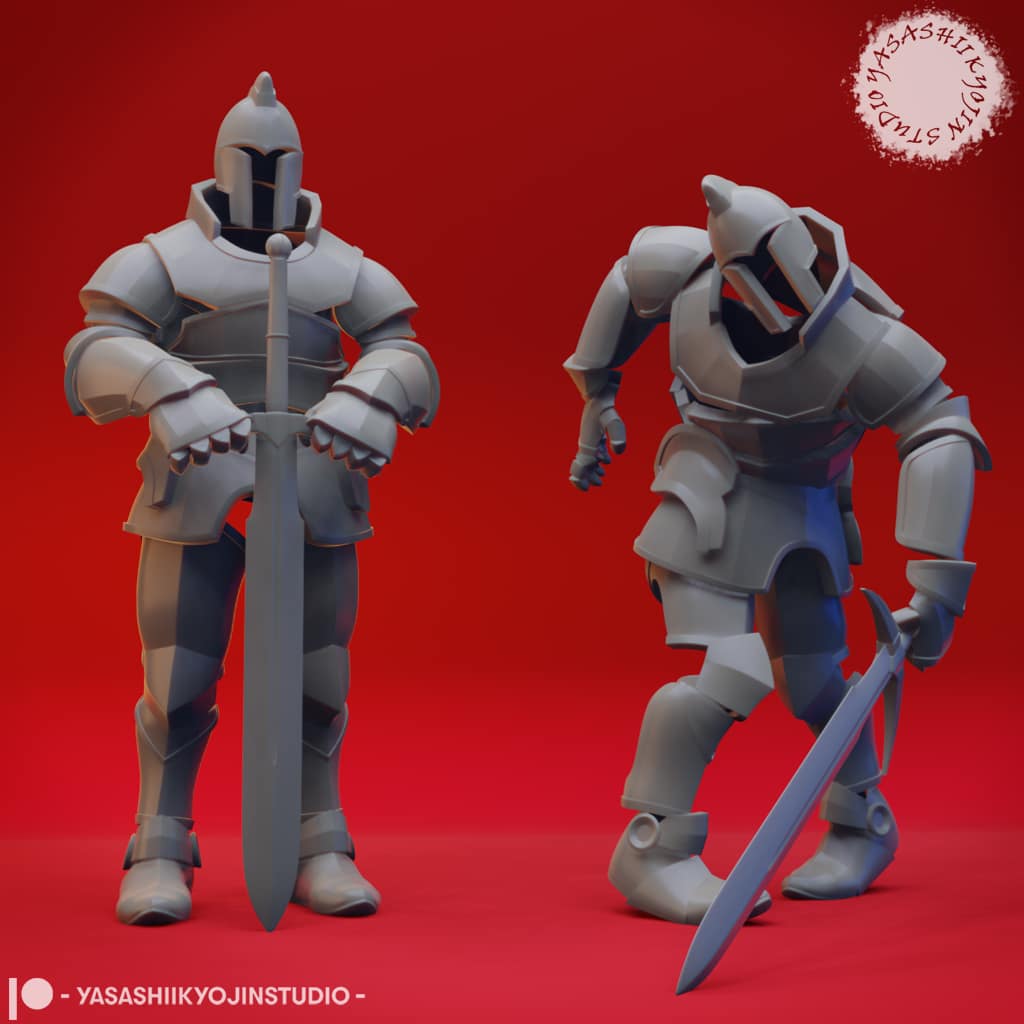 “Animated Armor Knight resin miniature in an advancing combat pose, designed with Yasashii Kyojin Studio, shown in gray resin against a red background.”