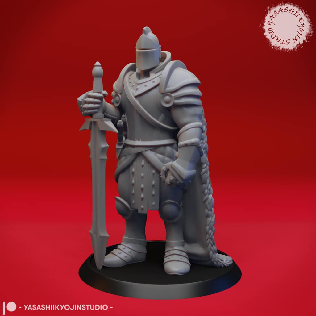 “Armored Knight resin miniature by Yasashii Kyojin Studio holding a greatsword in a guarding pose, displayed on a round base against a red background.”