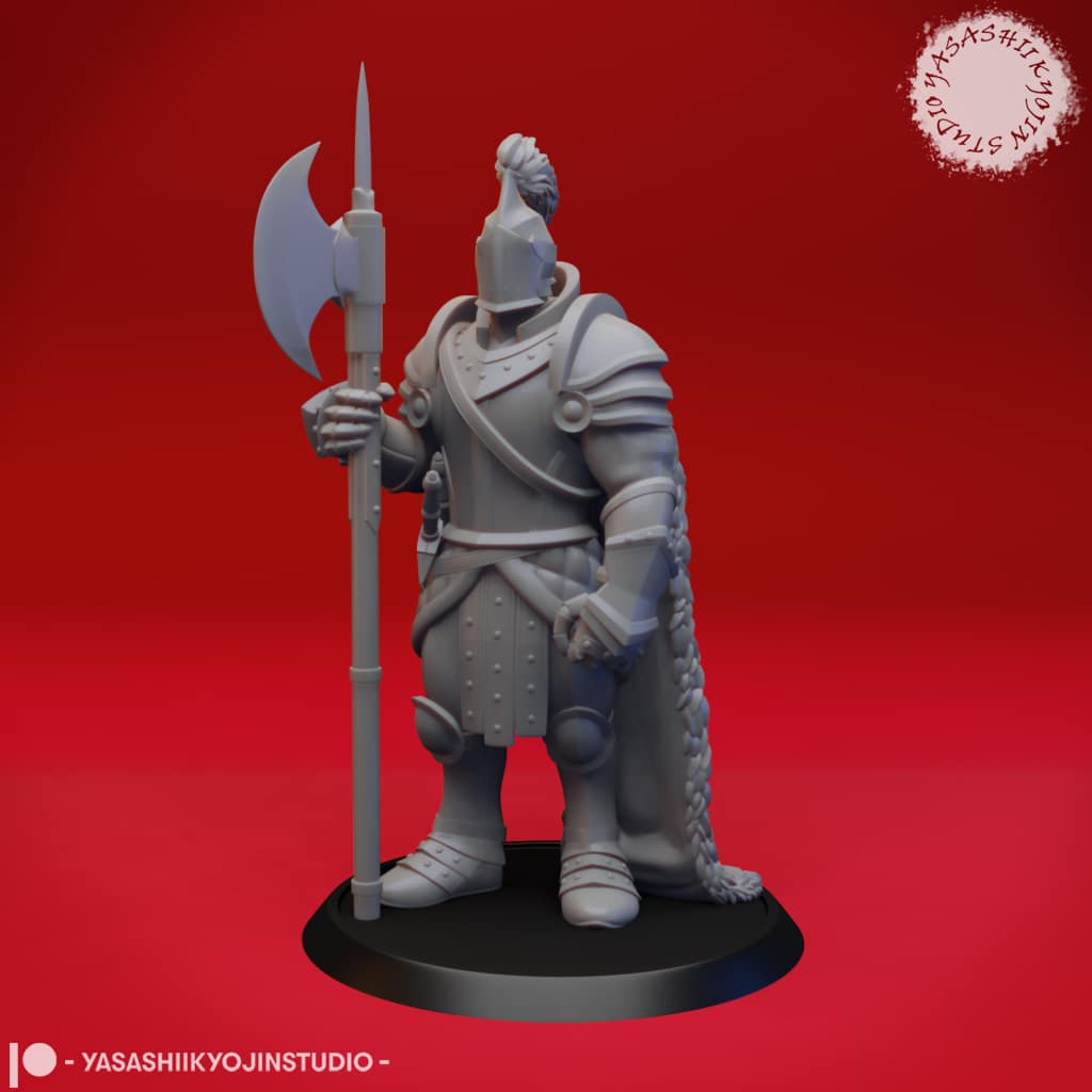 “Armored Knight resin miniature by Yasashii Kyojin Studio holding a greatsword in a guarding pose, displayed on a round base against a red background.”