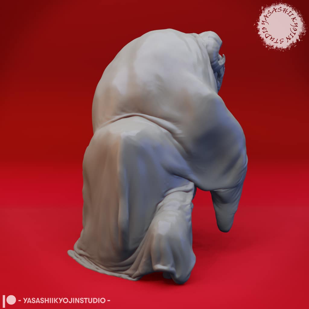 “Auril Crone Form resin miniature by Yasashii Kyojin Studio, featuring a floating hooded figure sculpted in icy draped shapes against a red background.”