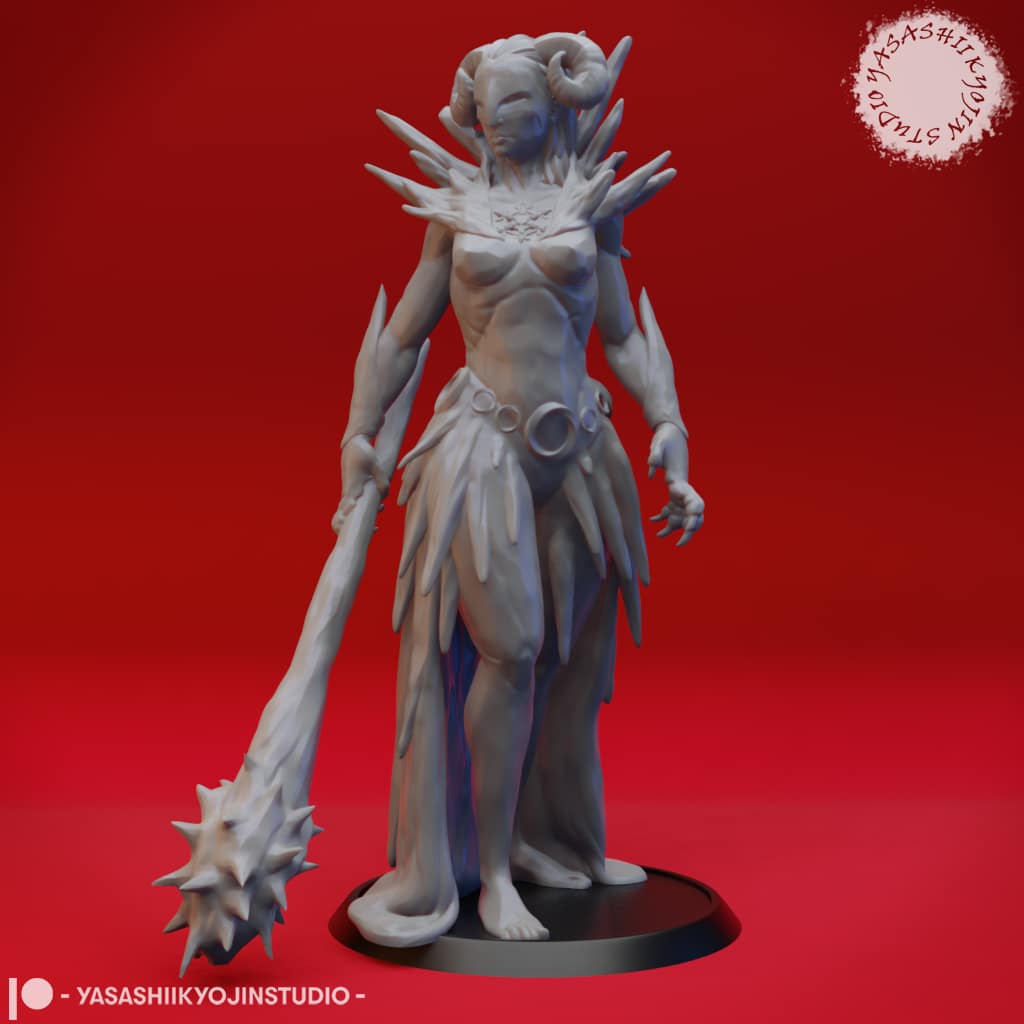 “Auril Crone Form resin miniature by Yasashii Kyojin Studio, featuring a floating hooded figure sculpted in icy draped shapes against a red background.”