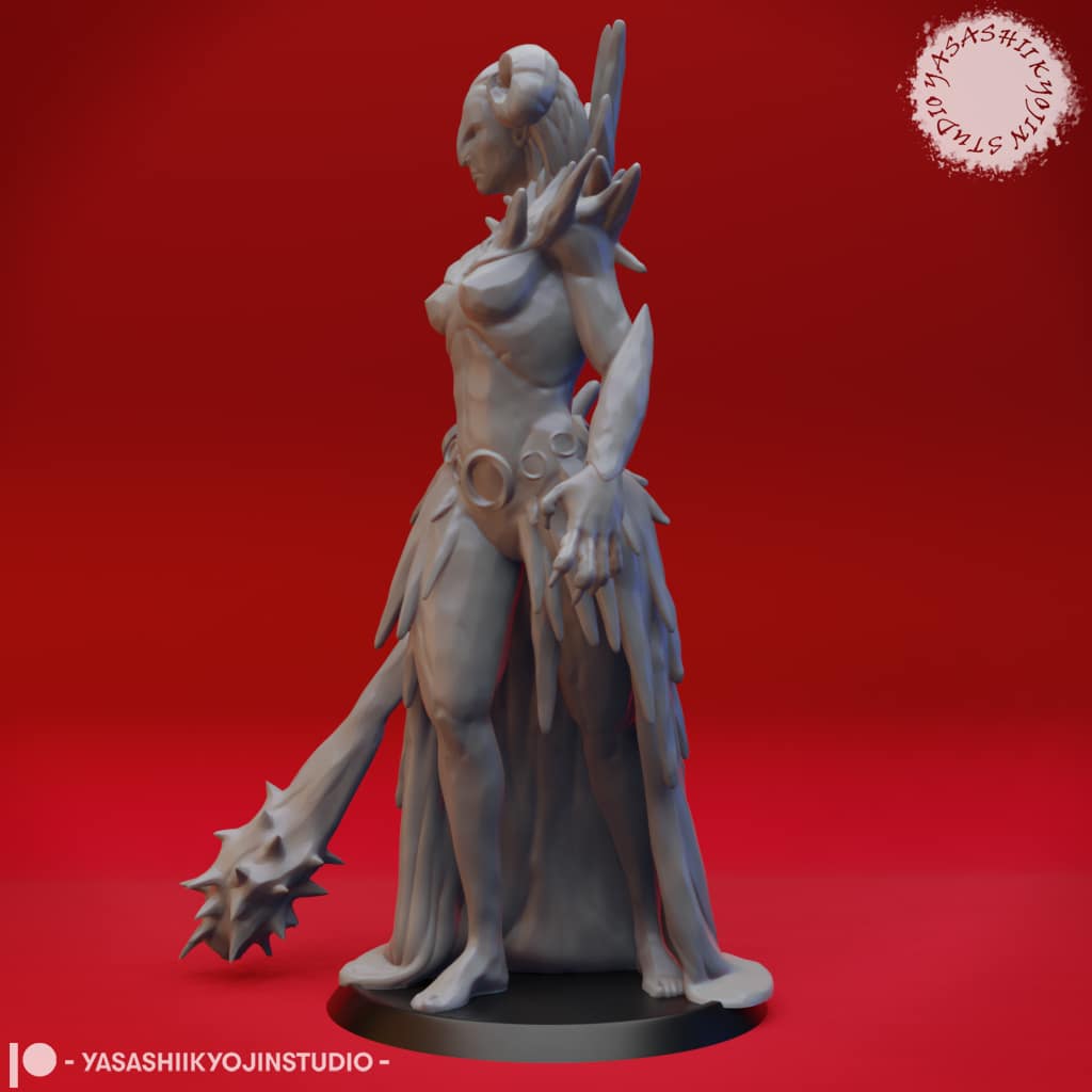 “Auril Crone Form resin miniature by Yasashii Kyojin Studio, featuring a floating hooded figure sculpted in icy draped shapes against a red background.”