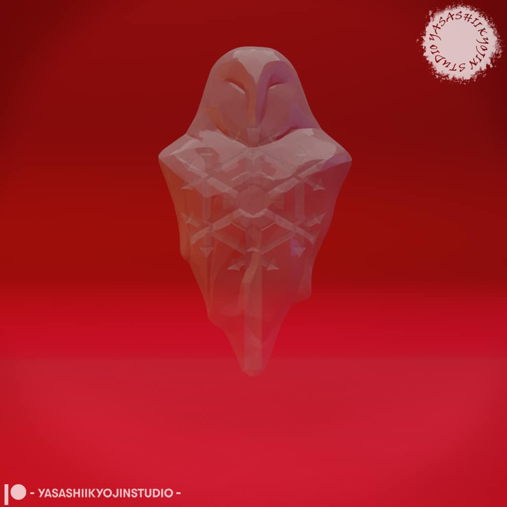 “Auril Crone Form resin miniature by Yasashii Kyojin Studio, featuring a floating hooded figure sculpted in icy draped shapes against a red background.”