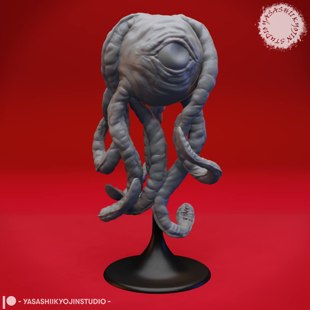 “Death Kiss resin miniature by Yasashii Kyojin Studio, featuring a floating beholderkin aberration with long tentacles displayed on a stand against a red background.”