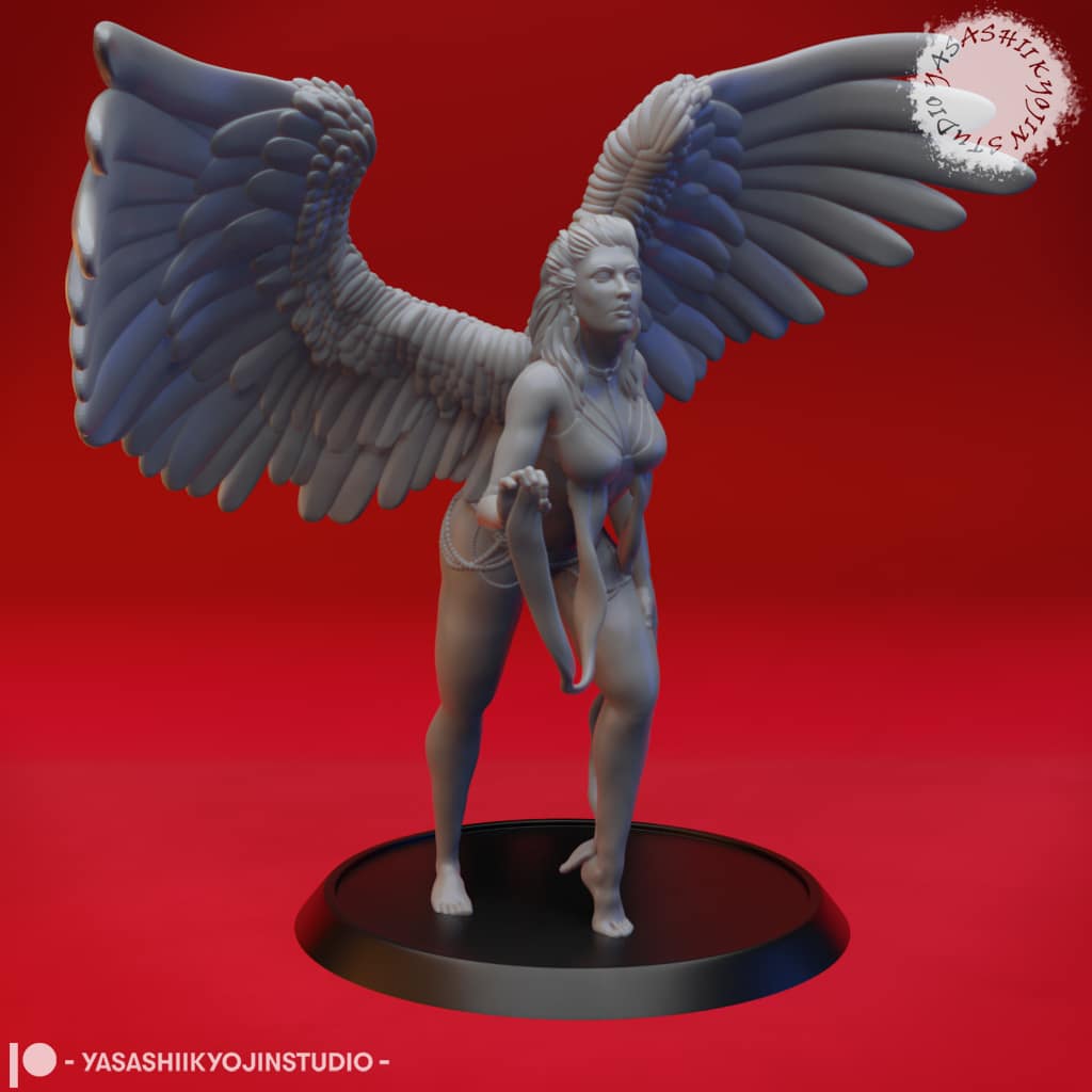 “Deva resin miniature by Yasashii Kyojin Studio, featuring a celestial winged angel warrior with large feathered wings standing on a display base against a red background.”