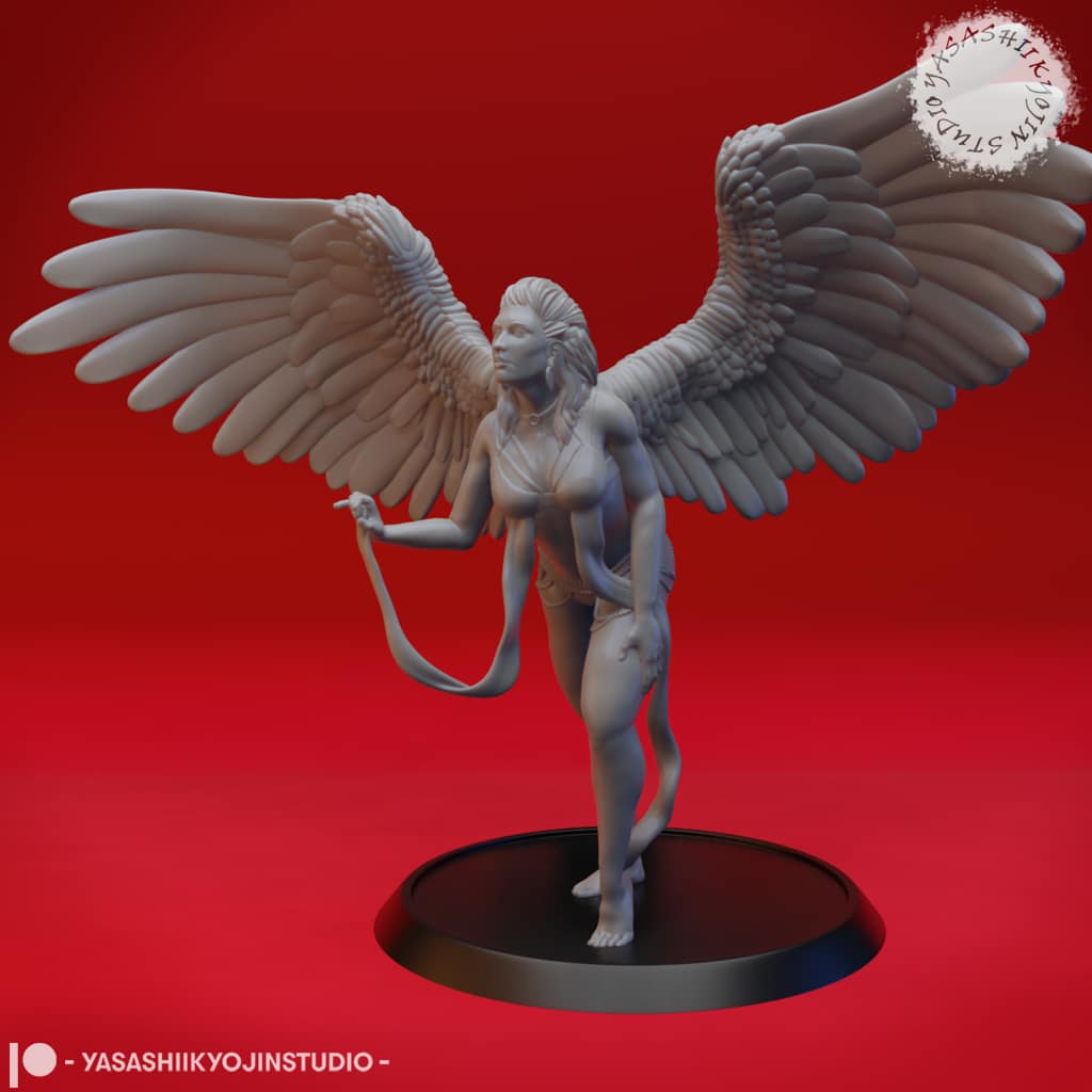 “Deva resin miniature by Yasashii Kyojin Studio, featuring a celestial winged angel warrior with large feathered wings standing on a display base against a red background.”