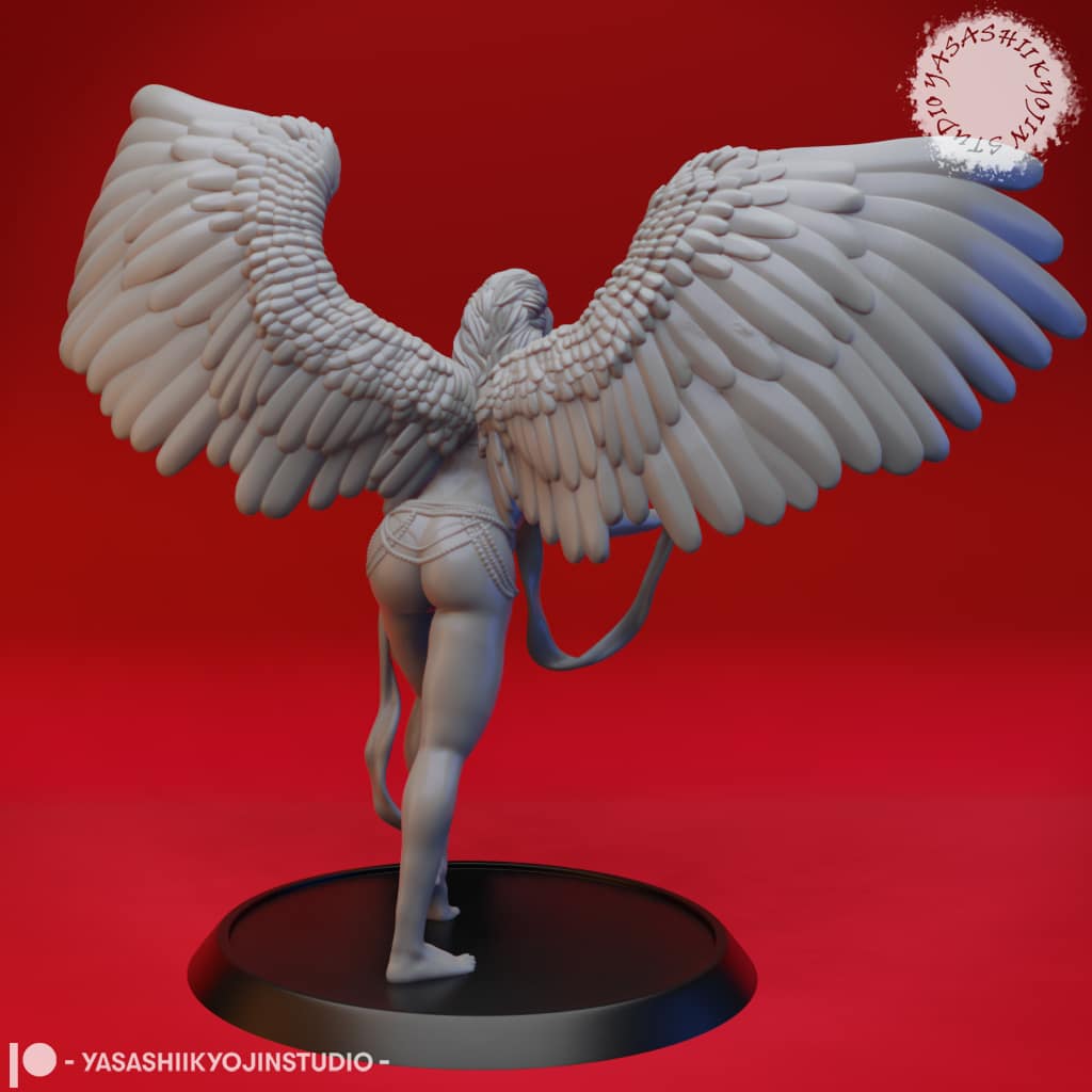 “Deva resin miniature by Yasashii Kyojin Studio, featuring a celestial winged angel warrior with large feathered wings standing on a display base against a red background.”