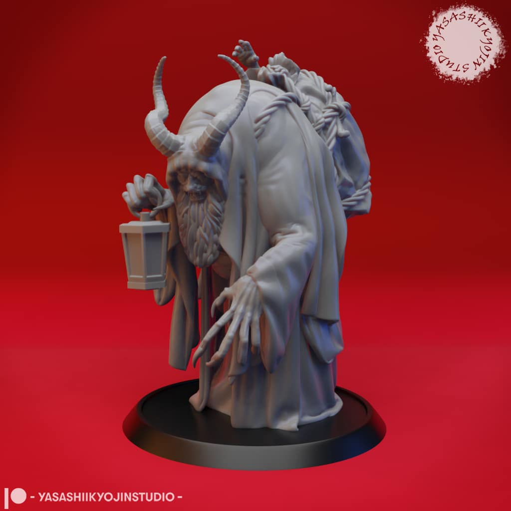 “Krampus resin miniature by Yasashii Kyojin Studio, depicting a horned winter creature holding a lantern with a bundled figure on its back against a red background.”