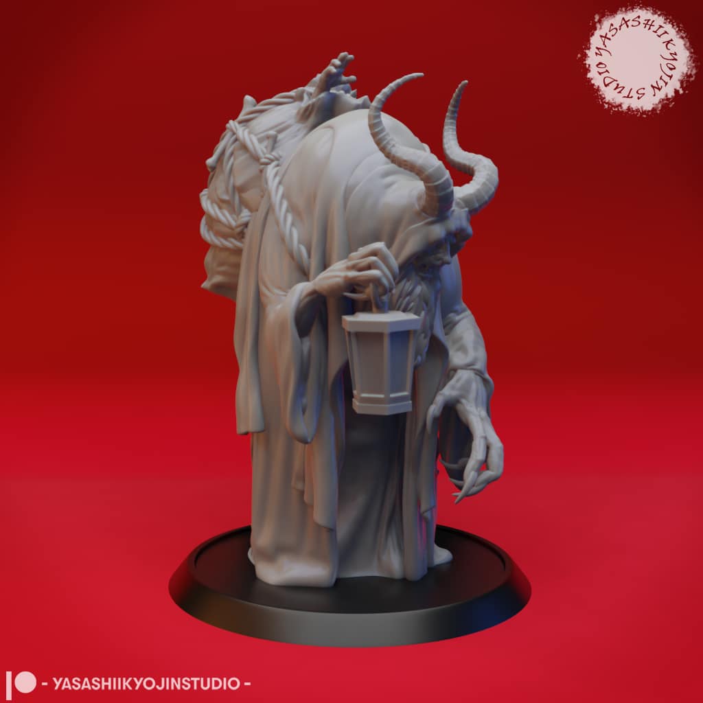 “Krampus resin miniature by Yasashii Kyojin Studio, depicting a horned winter creature holding a lantern with a bundled figure on its back against a red background.”