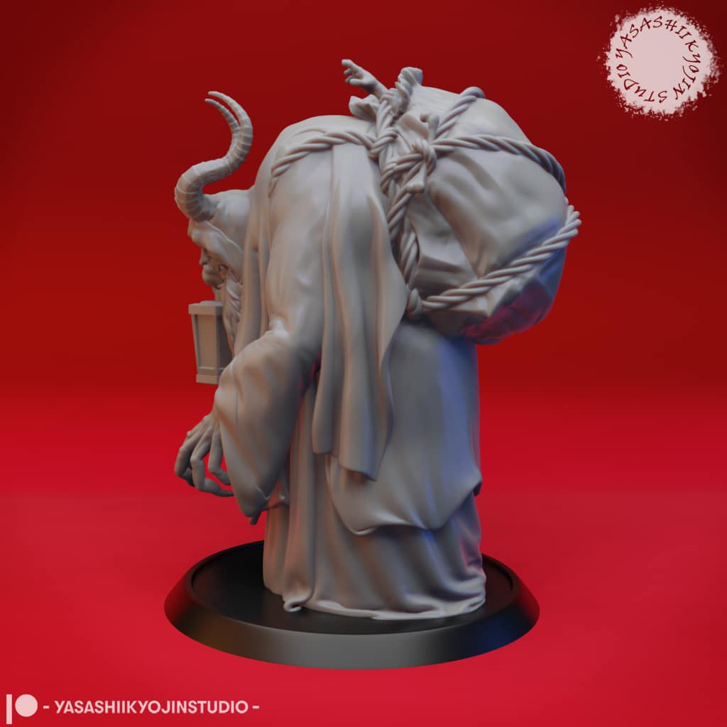 “Krampus resin miniature by Yasashii Kyojin Studio, depicting a horned winter creature holding a lantern with a bundled figure on its back against a red background.”
