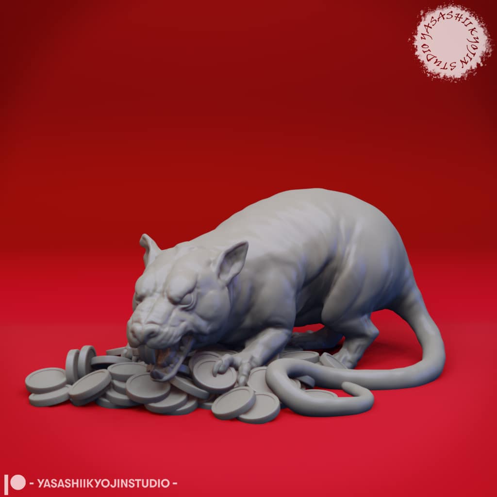 Resin Giant Rat miniature crouched over a pile of scattered coins, snarling with exposed fangs and a long curling tail, sculpted by Yasashii Kyojin Studio and displayed against a red background