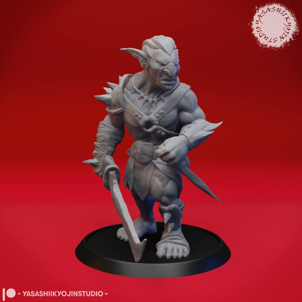 Seven resin Goblin miniatures—Clawed, Crossbow, Spear, Sword, Warchief, and Goblin King—each posed with unique weapons and armor, sculpted by Yasashii Kyojin Studio and displayed against a red background