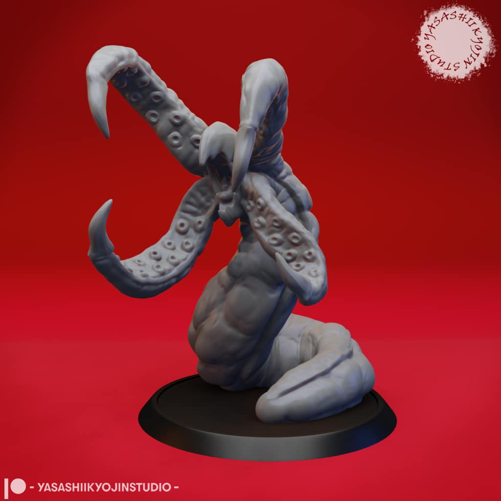 Two Grick resin miniatures—one Alpha and one Beta—featuring serpentine bodies and star-shaped tentacled maws with hooked appendages, sculpted by Yasashii Kyojin Studio and displayed against a red background