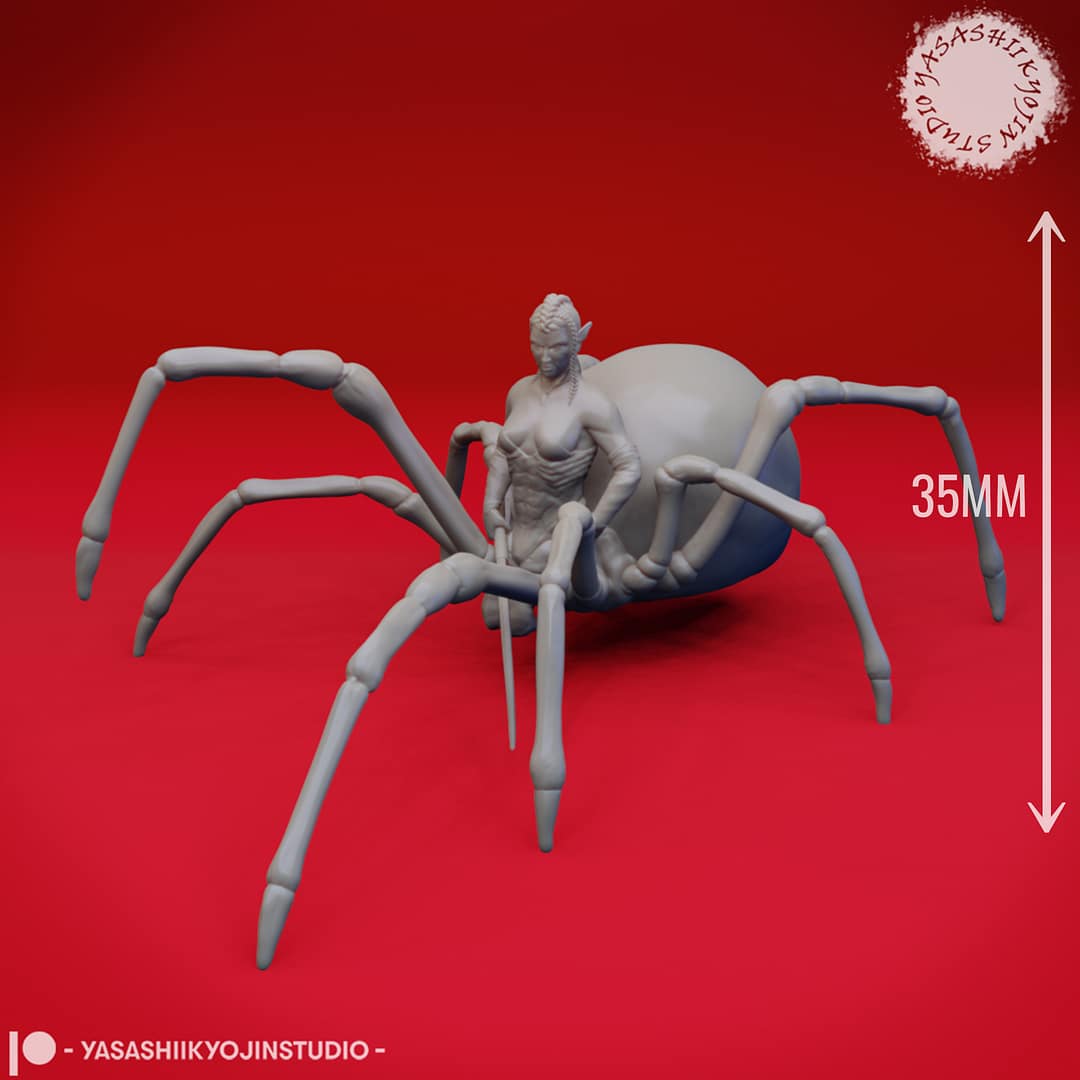 “Drider resin miniature by Yasashii Kyojin Studio, showing a drow upper body fused with a spider abdomen posed on eight legs against a red background.”