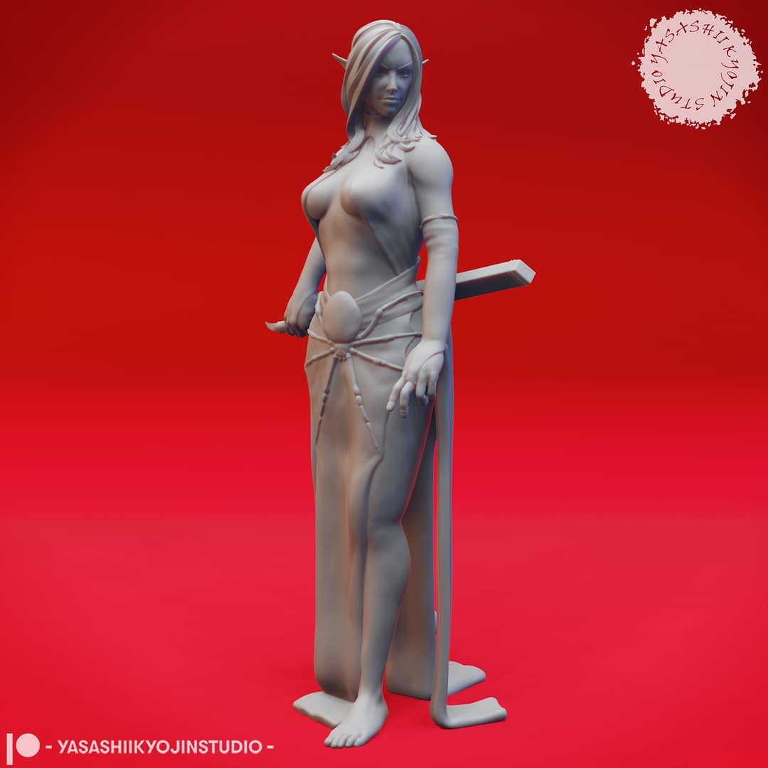 A grayscale resin miniature of a drow elf warrior with long hair, dual curved swords, and layered elven armour
