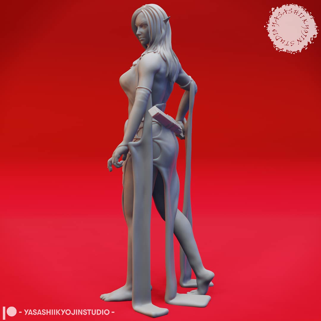 A grayscale resin miniature of a drow elf warrior with long hair, dual curved swords, and layered elven armour