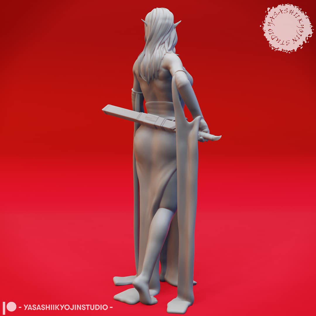 A grayscale resin miniature of a drow elf warrior with long hair, dual curved swords, and layered elven armour