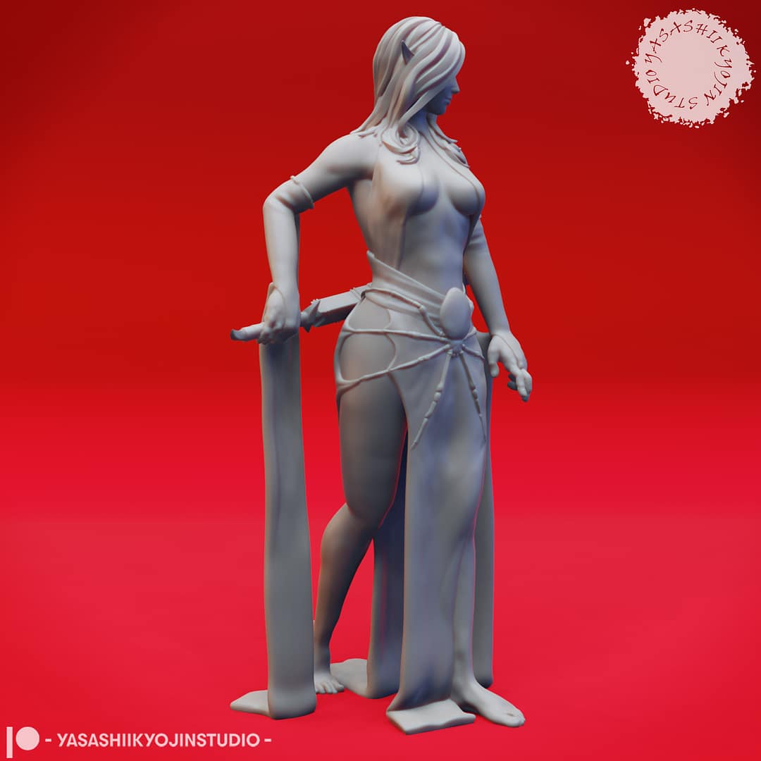 A grayscale resin miniature of a drow elf warrior with long hair, dual curved swords, and layered elven armour