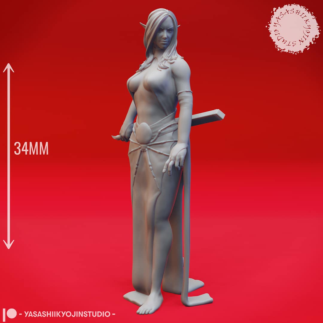 A grayscale resin miniature of a drow elf warrior with long hair, dual curved swords, and layered elven armour