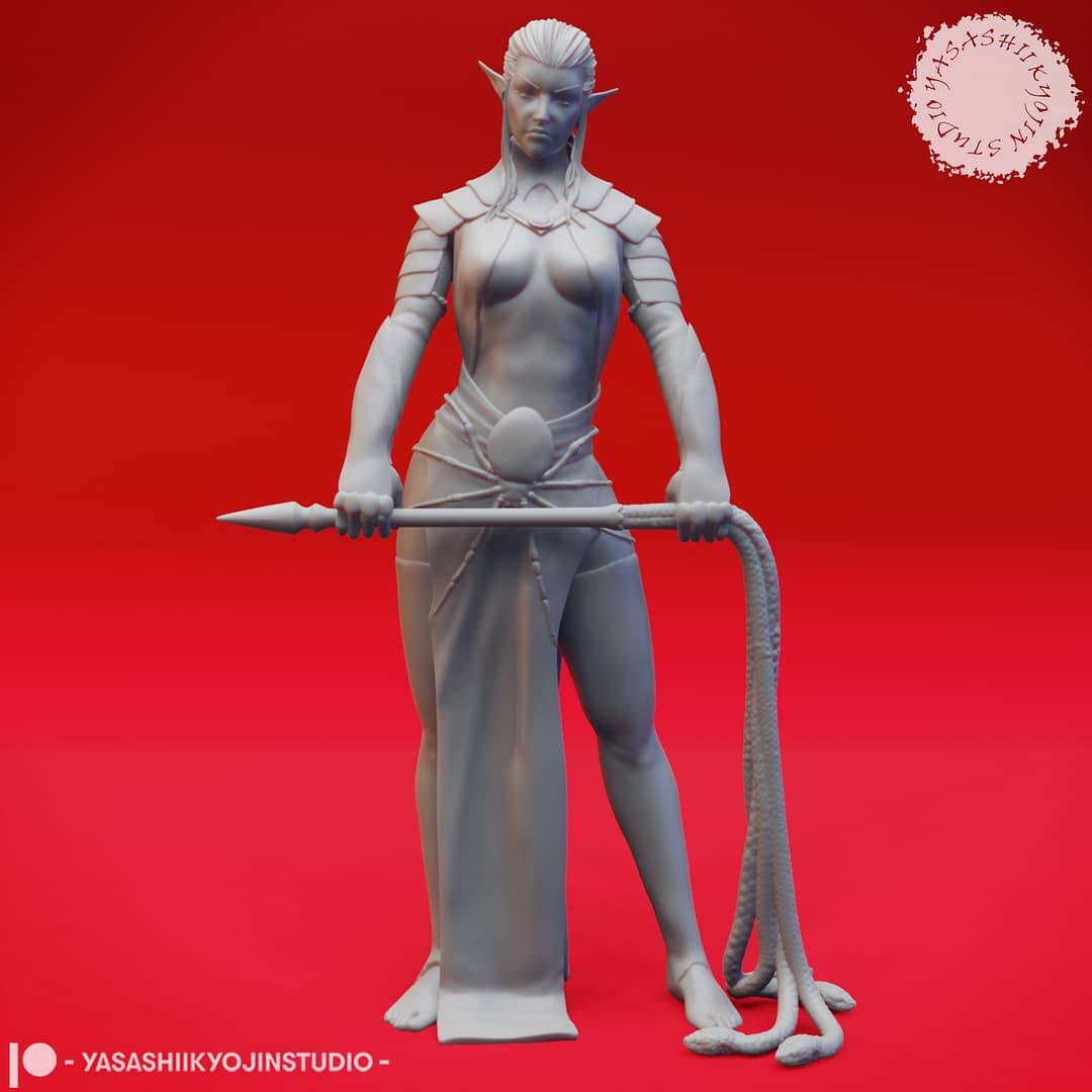 A grayscale resin miniature of a drow elf warrior with long hair, dual curved swords, and layered elven armour