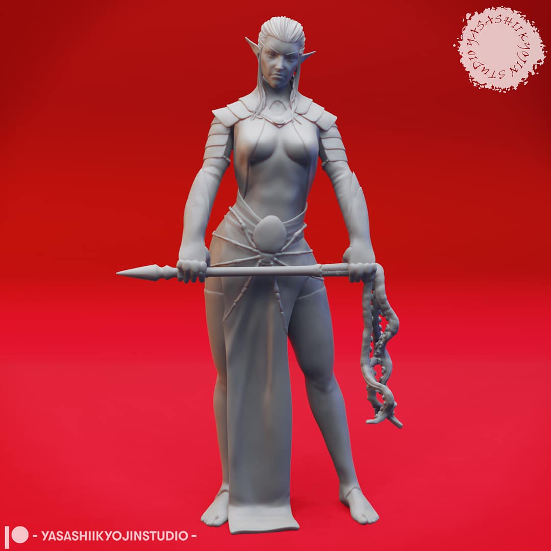 A grayscale resin miniature of a drow elf warrior with long hair, dual curved swords, and layered elven armour