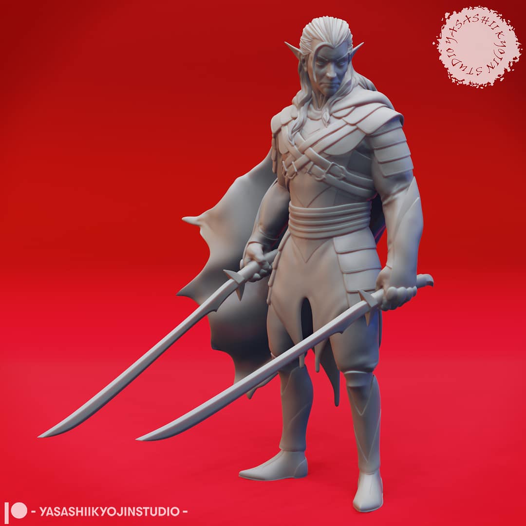 A grayscale resin miniature of a drow elf warrior with long hair, dual curved swords, and layered elven armour