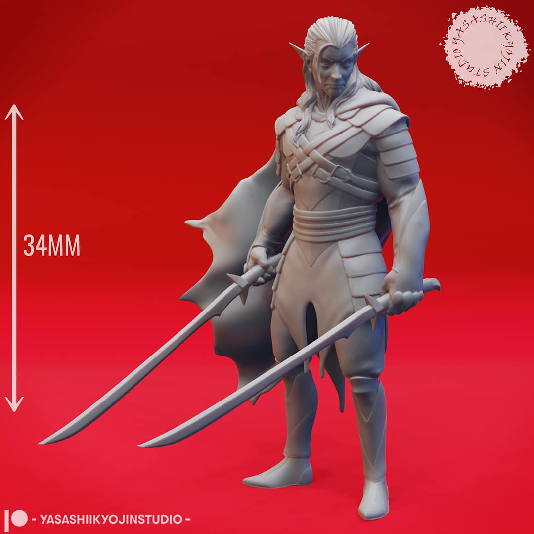 A grayscale resin miniature of a drow elf warrior with long hair, dual curved swords, and layered elven armour