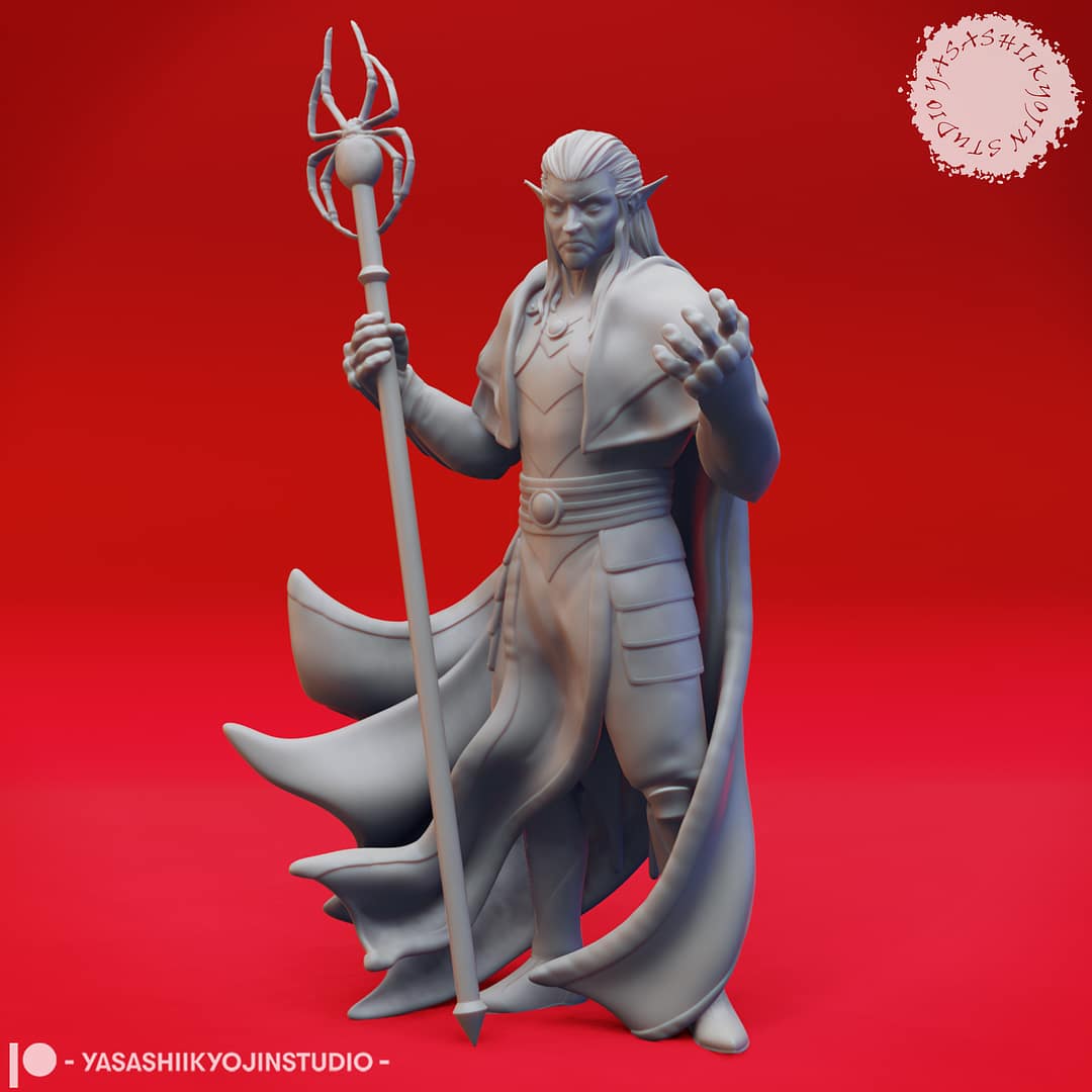 A grayscale resin miniature of a drow elf warrior with long hair, dual curved swords, and layered elven armour