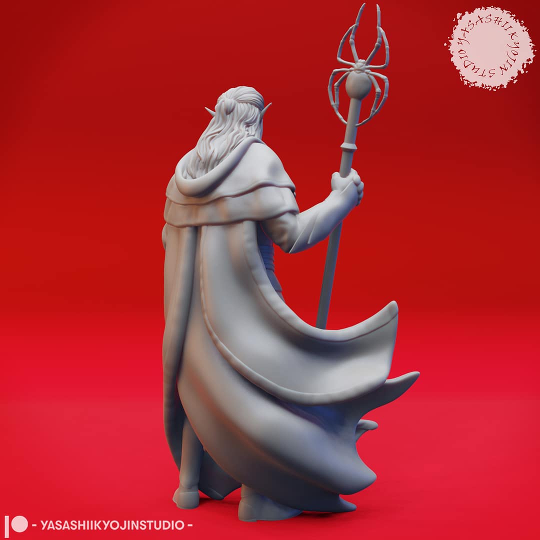 A grayscale resin miniature of a drow elf warrior with long hair, dual curved swords, and layered elven armour