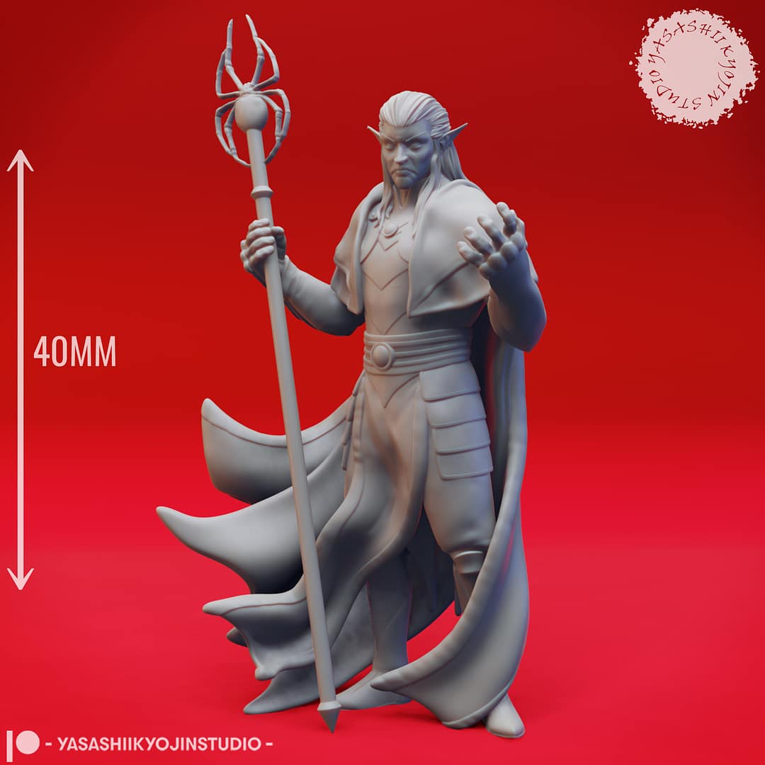 A grayscale resin miniature of a drow elf warrior with long hair, dual curved swords, and layered elven armour