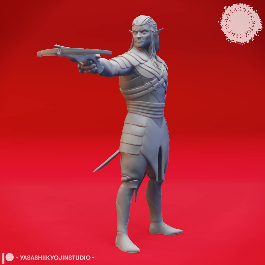 A grayscale resin miniature of a drow elf warrior with long hair, dual curved swords, and layered elven armour