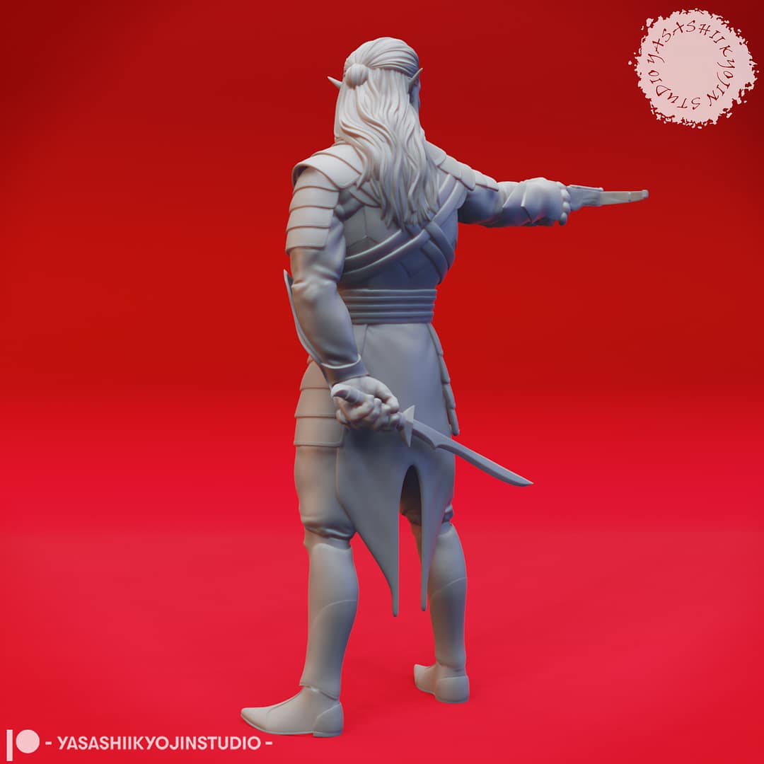 A grayscale resin miniature of a drow elf warrior with long hair, dual curved swords, and layered elven armour