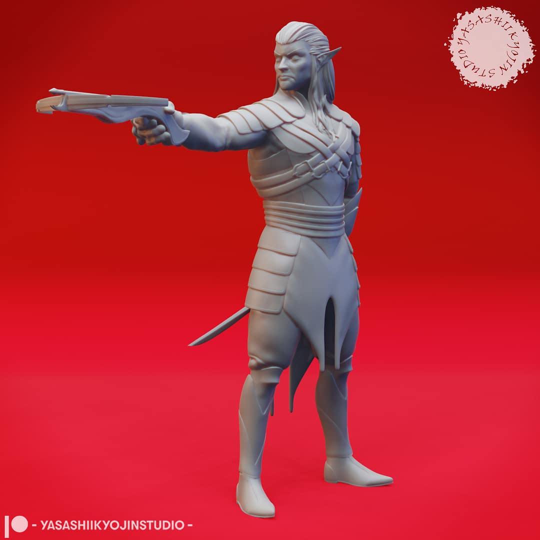 A grayscale resin miniature of a drow elf warrior with long hair, dual curved swords, and layered elven armour