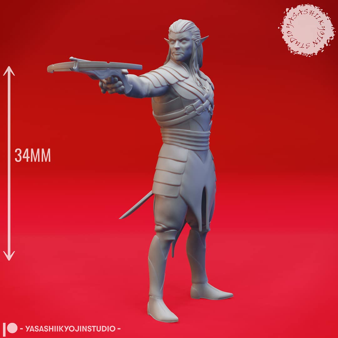 A grayscale resin miniature of a drow elf warrior with long hair, dual curved swords, and layered elven armour