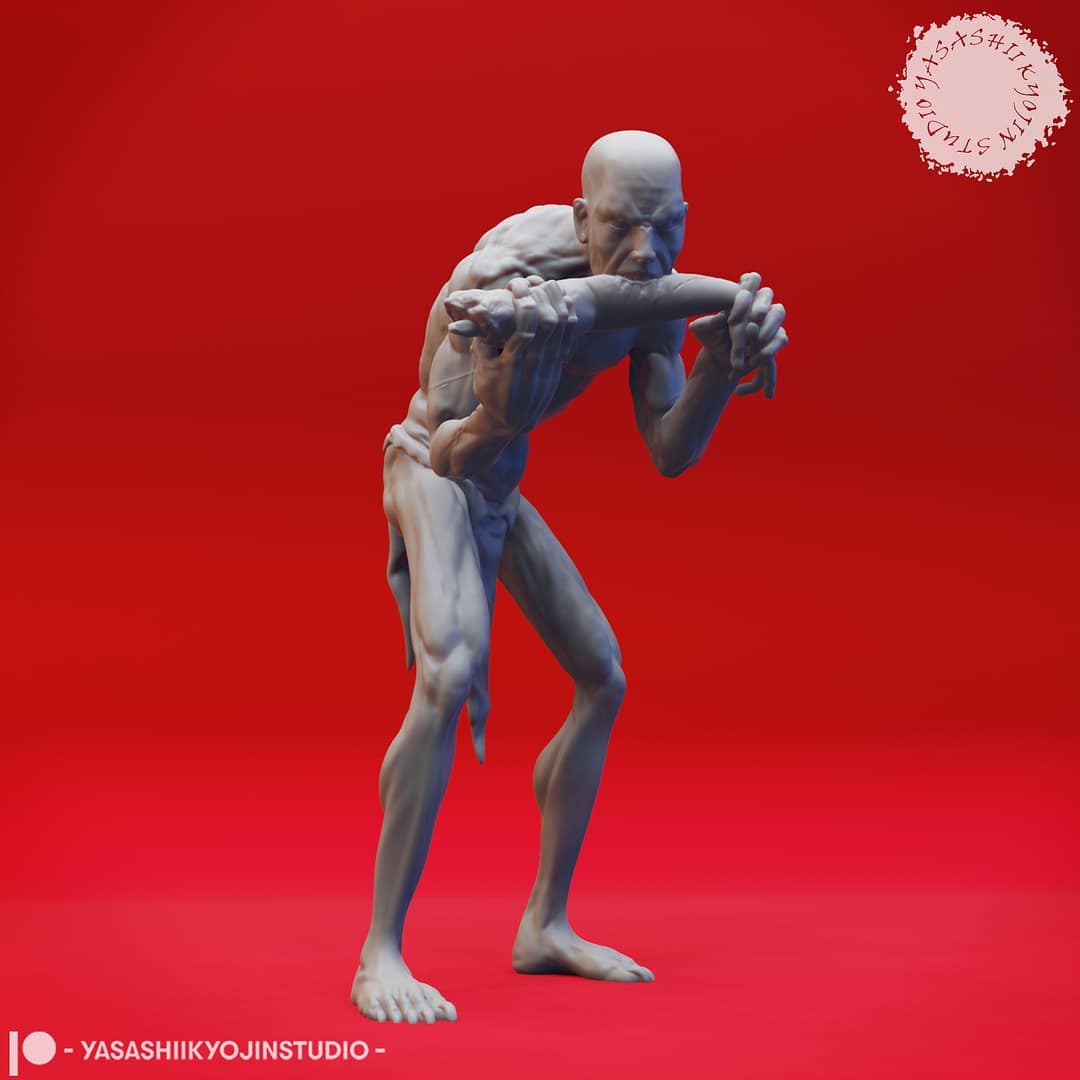 Four resin Ghoul miniatures—Walking, Crawling, Eating, and Reaching poses—depicting emaciated undead with gaunt limbs and feral expressions, sculpted by Yasashii Kyojin Studio and displayed against a red background