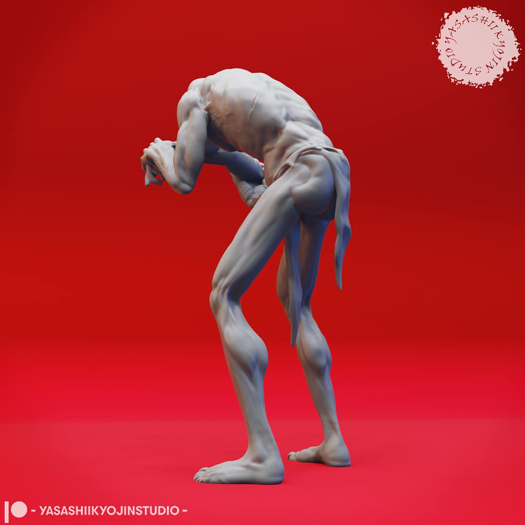 Four resin Ghoul miniatures—Walking, Crawling, Eating, and Reaching poses—depicting emaciated undead with gaunt limbs and feral expressions, sculpted by Yasashii Kyojin Studio and displayed against a red background