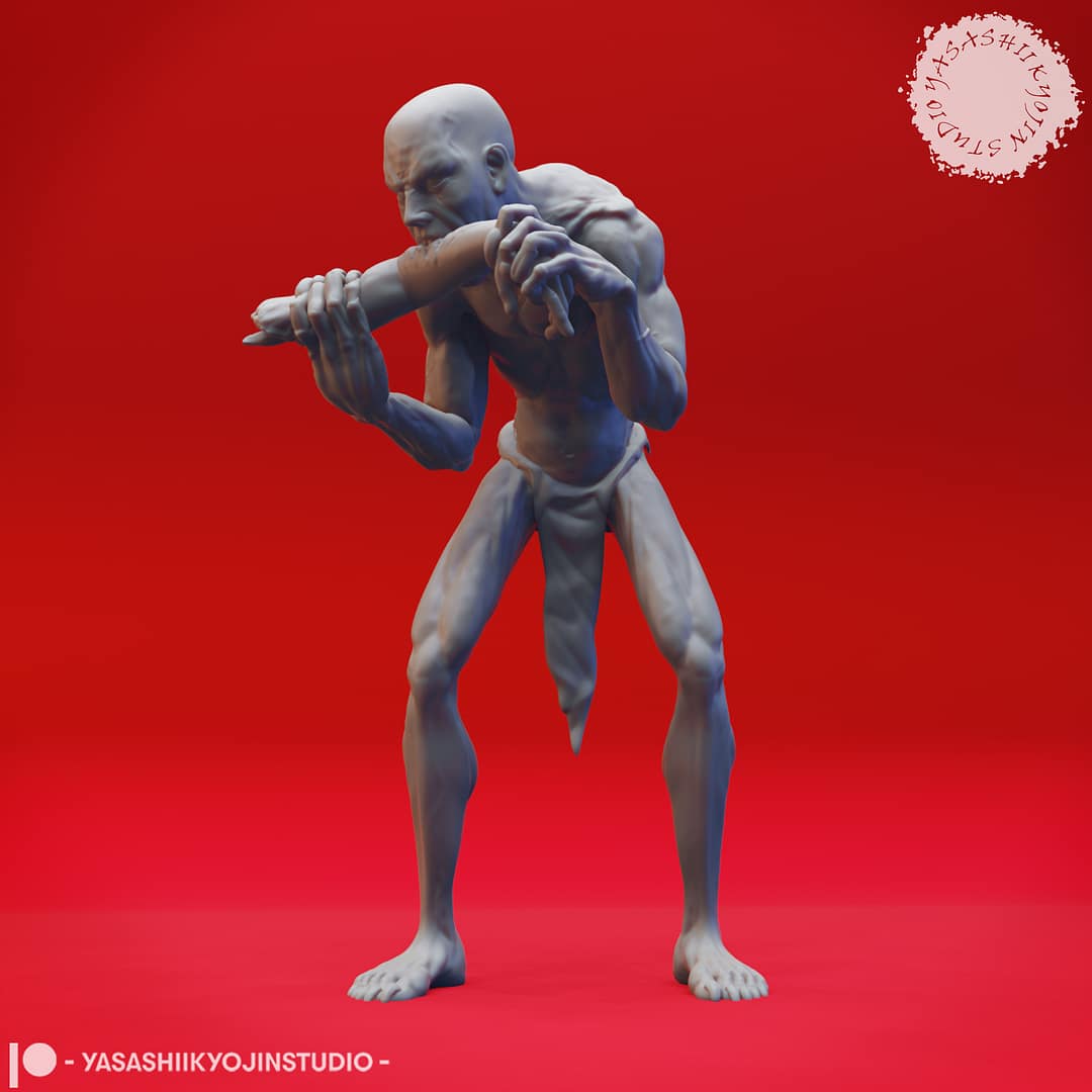 Four resin Ghoul miniatures—Walking, Crawling, Eating, and Reaching poses—depicting emaciated undead with gaunt limbs and feral expressions, sculpted by Yasashii Kyojin Studio and displayed against a red background