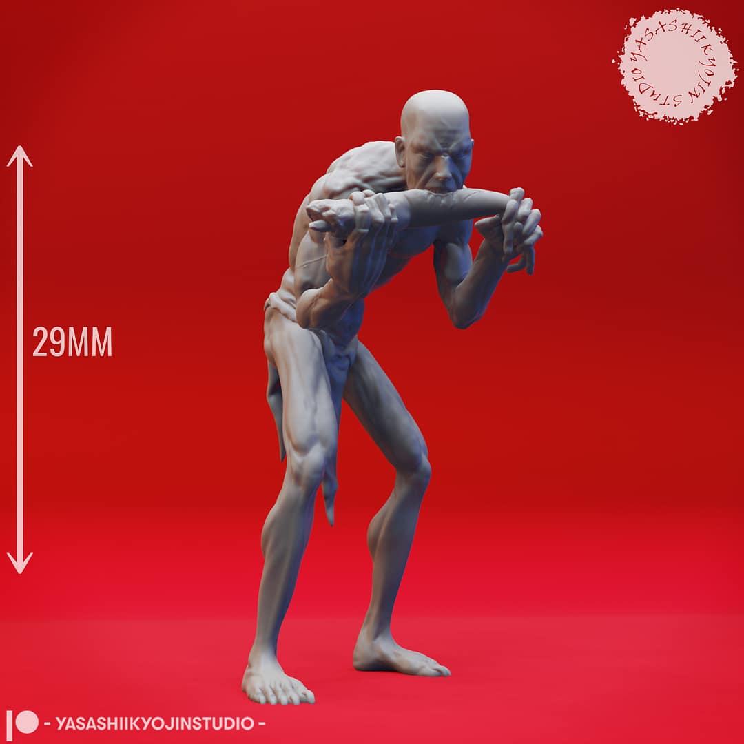 Four resin Ghoul miniatures—Walking, Crawling, Eating, and Reaching poses—depicting emaciated undead with gaunt limbs and feral expressions, sculpted by Yasashii Kyojin Studio and displayed against a red background