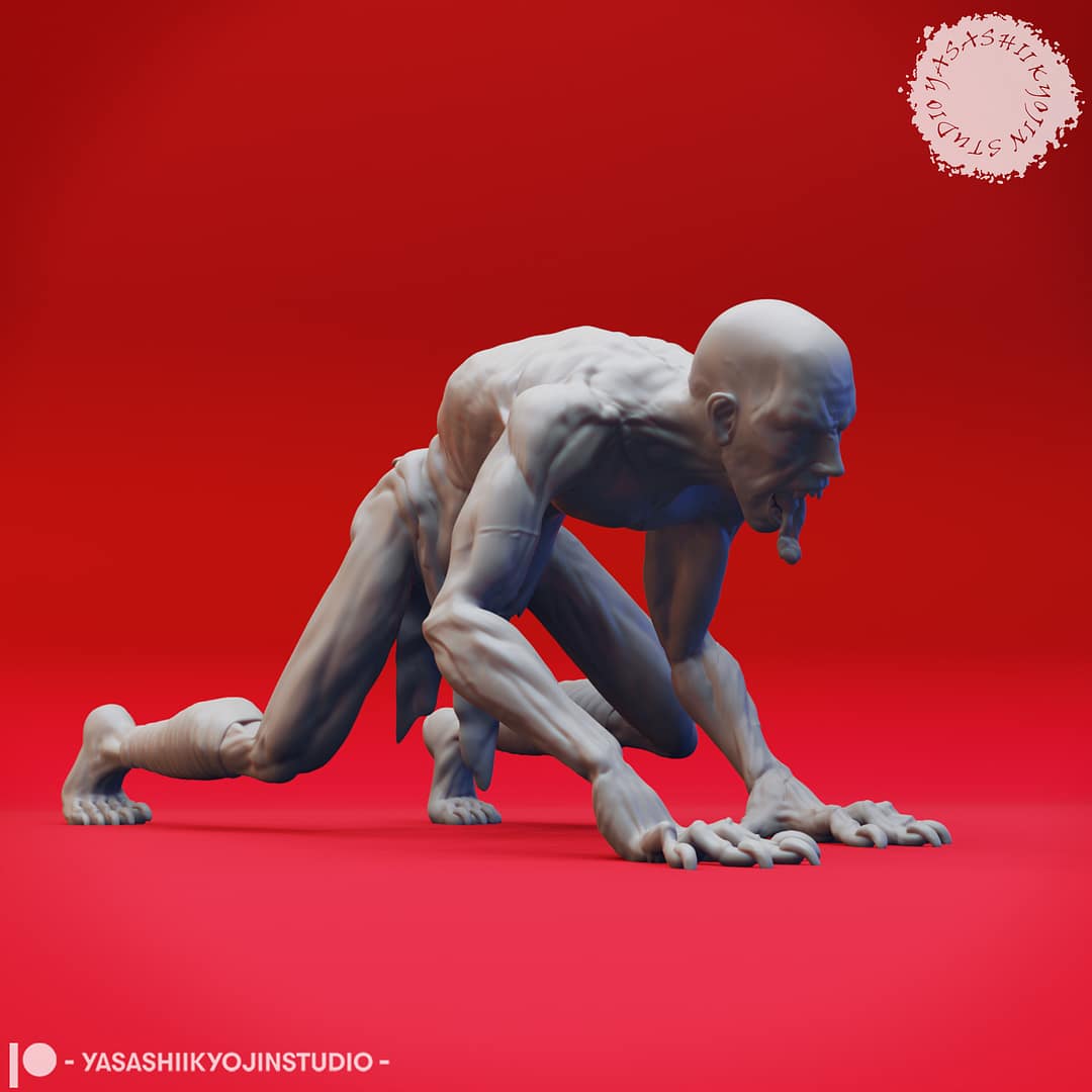 Four resin Ghoul miniatures—Walking, Crawling, Eating, and Reaching poses—depicting emaciated undead with gaunt limbs and feral expressions, sculpted by Yasashii Kyojin Studio and displayed against a red background