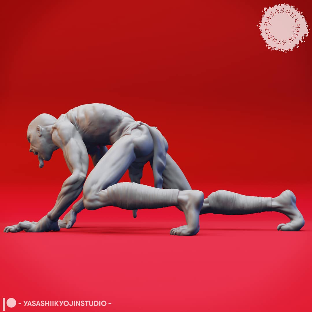 Four resin Ghoul miniatures—Walking, Crawling, Eating, and Reaching poses—depicting emaciated undead with gaunt limbs and feral expressions, sculpted by Yasashii Kyojin Studio and displayed against a red background