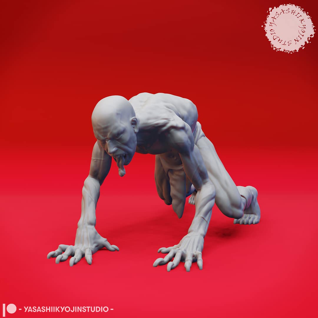 Four resin Ghoul miniatures—Walking, Crawling, Eating, and Reaching poses—depicting emaciated undead with gaunt limbs and feral expressions, sculpted by Yasashii Kyojin Studio and displayed against a red background