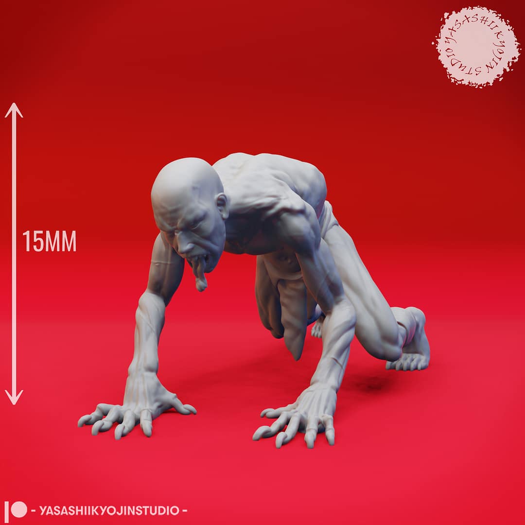 Four resin Ghoul miniatures—Walking, Crawling, Eating, and Reaching poses—depicting emaciated undead with gaunt limbs and feral expressions, sculpted by Yasashii Kyojin Studio and displayed against a red background